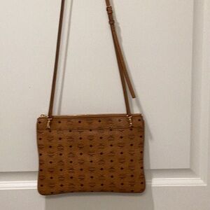 MCM Brown Leather Crossbody Bag with Textured Design